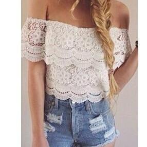 Women Off-shoulder Flounce Lace Top With Scalloped..