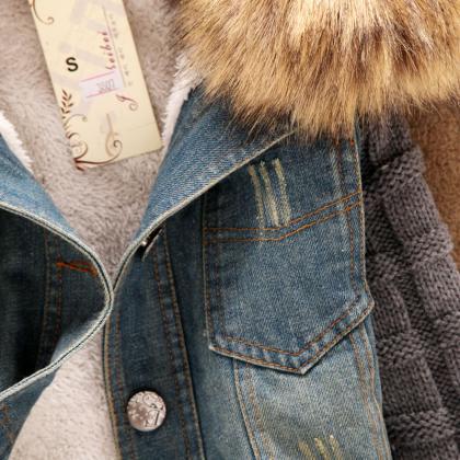 Fur Collar Slim Denim Jacket Coat (jhjh99)