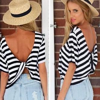 Style Fashion Black And White Striped Halter Cross..