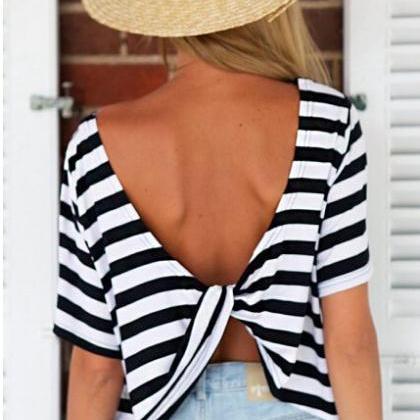 Style Fashion Black And White Striped Halter Cross..