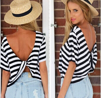 Style Fashion Black And White Striped Halter Cross Blouse T-shirt